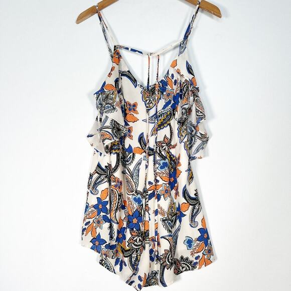 Ark & Co Boho Paisley Floral Print Ruffle Shorts Romper Cream Blue Orange - Picture 1 of 14